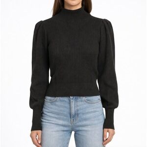 ASTR The Label Black Ribbed Mock Neck Puff Sleeve Sweater SMALL